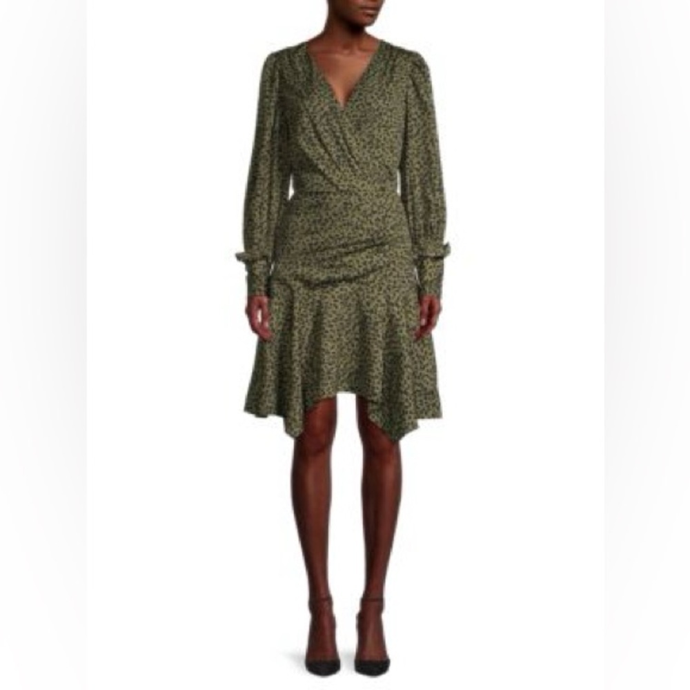 WALTER BAKER‎ Printed Handkerchief Dress V Neck Ruffle Long Sleeves Olive Size 8